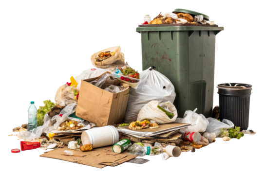 Overflowing garbage bin with scattered refuse and plastic bags