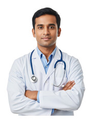 Confident male healthcare professional doctor in white coat with stethoscope smiling standing with arms crossed in a clinical setting symbolizing