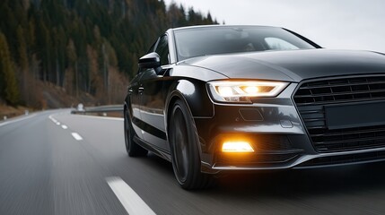 Obraz premium A modern black car speeds along a winding mountain road surrounded by trees. The atmosphere is dynamic and adventurous, perfect for automotive themes.