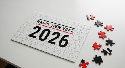 Crisp White Puzzle 2026 Celebration Graphic Design Concept on White Surface