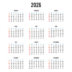 Calendar 2026 year - vector illustration. Week starts on Monday. Calendar Set for 2026 year .  Set of 12 calendar, week starts on Sunday, Simple planner template, desk calendar 2026 year . eps 10