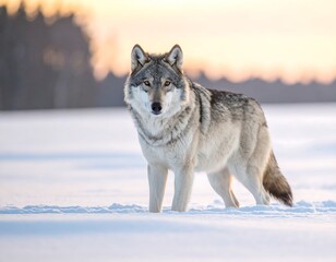 Fototapeta premium Majestic wolf stands in a snowy field at dusk with a golden sky