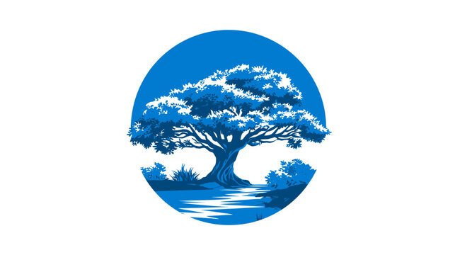 Majestic blue tree and flowing river illustration within a circular frame, vector graphic representing nature, environment, growth, and serenity.
