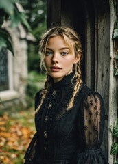 Fototapeta premium Woman posing in vintage gothic lace dress outdoors