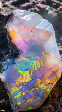 A close-up shot of a large opalite stone sitting on top of a rocky surface
