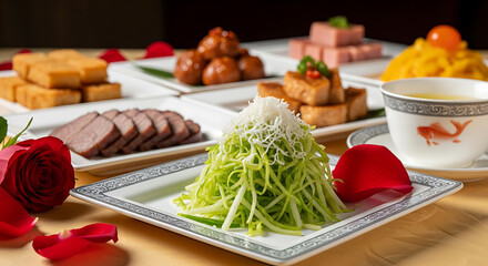 Elegant Chinese New Year feast with vibrant green salad, savory meats, tofu, and tea, creating a festive and delicious celebration for family and friends to share joy and prosperity