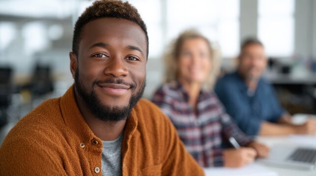 A cheerful young man wearing a brown sweater smiles at the camera while colleagues work in a modern office environment, creating a positive atmosphere.