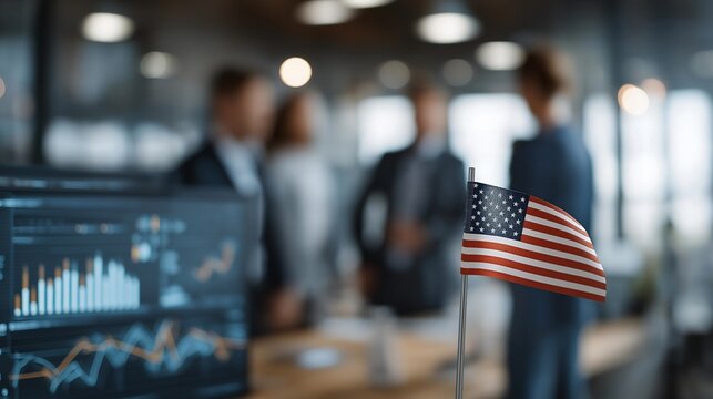 Business team in a boardroom with a small desk USA flag next to smart holographic data dashboards, representing corporate patriotism, professional teamwork, and technology-driven American business - Powered by Adobe