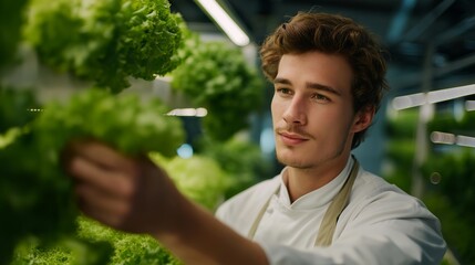 Wide-angle shot of vertical farm rows with chef selecting ingredients guided by holographic sensor data, symbolizing urban farming, sustainable food systems, and integration of technology in