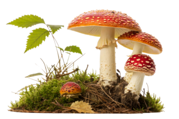 Group of spotted red mushroom caps on mossy ground