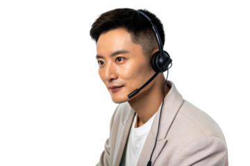 Asian Man Wearing Headset and Blazer in Studio