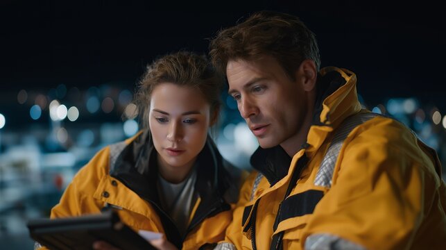 Emergency team using AI tools to scan social media and news feeds for disaster indicators, providing early-warning insights to 911 dispatchers, emphasizing high-tech emergency prediction, real-time