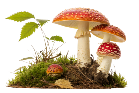 Group of spotted red mushroom caps on mossy ground