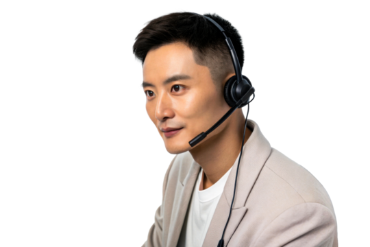 Asian Man Wearing Headset and Blazer in Studio