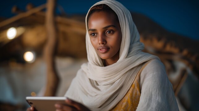 Humanitarian worker using a tablet to register refugees with biometric data in a clean, organized aid center, highlighting digital transformation in humanitarian efforts, refugee data management, - Powered by Adobe