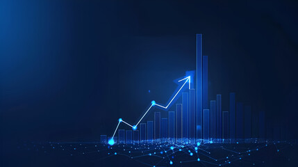 Futuristic blue glowing arrow graph showing upward trend and financial growth on dark background