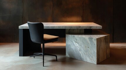 Modern office desk with a black chair in front of it. the desk is made of a light-colored marble-like material and has a rectangular shape with a flat top.
