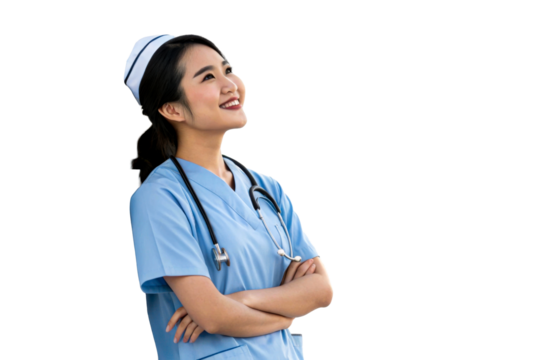 Asian nurse in light blue uniform looking up thoughtfully - Powered by Adobe