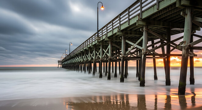 Capturing the serene beauty of a long pier stretching over misty ocean waters at sunrise, with soft golden light illuminating the horizon and gentle waves lapping the shore, creating a tranquil and in