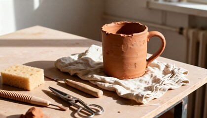 Unfinished handmade clay mug on a workbench with pottery tools. The creative process of making ceramics in a sunlit studio. Craft and hobby concept