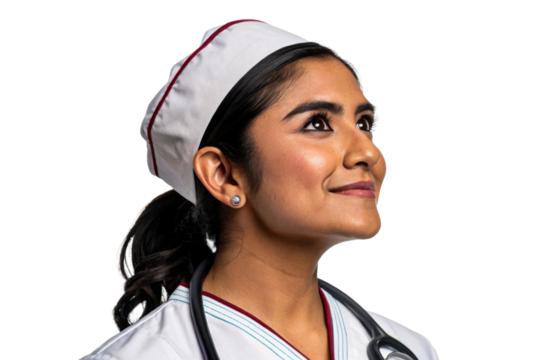 Indian healthcare professional with stethoscope looking up
