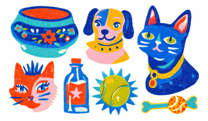 Colorful Collection of Isolated Animals and Objects in Vibrant Art Style