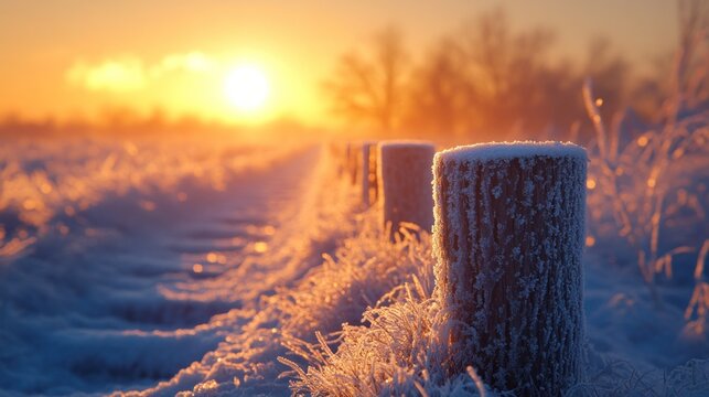 Snowy field fence at sunrise (1)