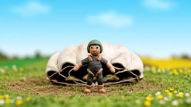 Clay Figure Parachutist Descent Against a Blue Sky Backdrop with Green Field, Wearing Olive Green Helmet and Dark Blue Jumpsuit and Beige Boots