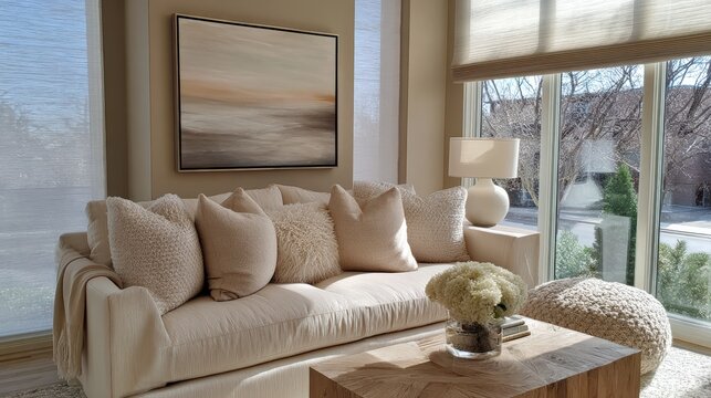 Modern living room with a large window on the right side. the window has white blinds that let in natural light and offers a view of the outside.