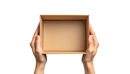 Hands Holding up an Open Empty Cardboard Box, High Resolution Product Isolated on Transparent Background, Top View