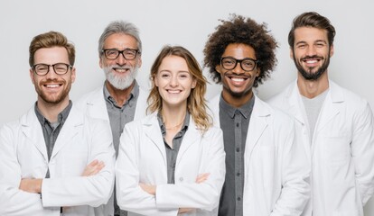 Diverse medical research team smiling, standing in lab coats