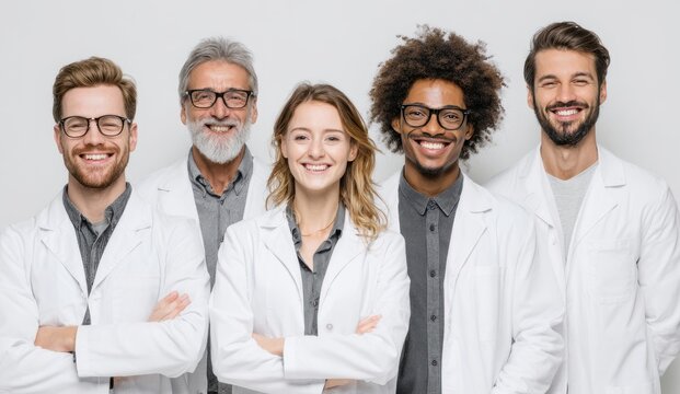 Diverse medical research team smiling, standing in lab coats