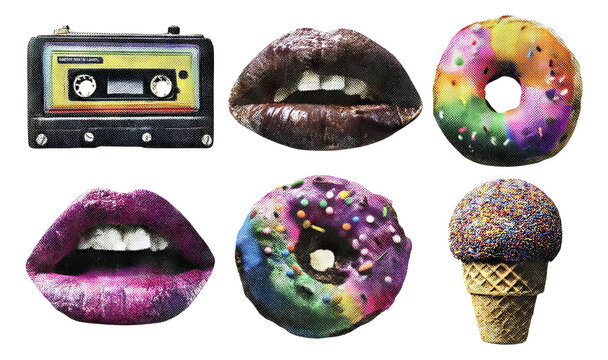 Retro Candy Pop Collage with Donuts, Ice Cream, and Cassette on Transparent Background