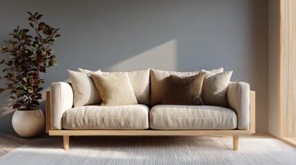 Fototapeta premium Modern living room with a beige sofa in the center. the sofa has a wooden frame and is upholstered in a light beige fabric.