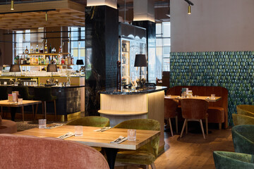 Elegant dining area in a modern restaurant with stylish decor