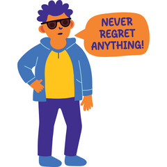 Man Wearing Sunglasses and a Blue Hoodie with Yellow Shirt and Purple Pants Speaking the Words Never Regret Anything Against a Transparent Background