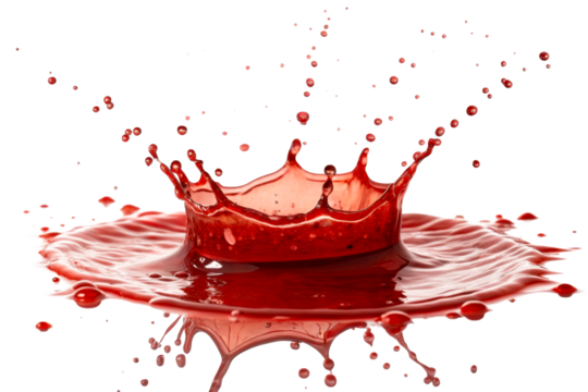 Red liquid splashing forming crown shape with droplets