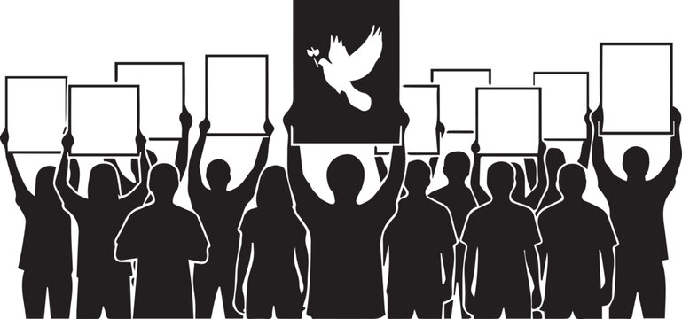 Silhouetted crowd holding signs promoting peace and international volunteer day celebration