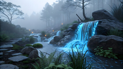 Magical forest waterfall with glowing blue water