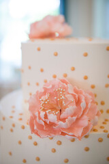 White Tiered Cake with Pink Sugar Peonies and Gold Dots