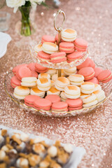 Pink and White Macarons on Tiered Glass Dessert Stand