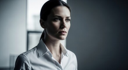 Obraz premium A focused businesswoman stands in a contemporary office, exuding confidence and determination. The setting is minimalistic and professional.