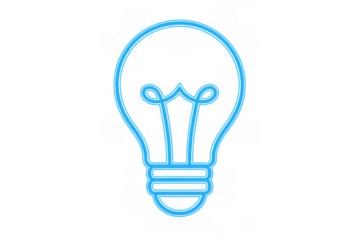 Blue neon light bulb icon glowing, representing idea, innovation, solution, creativity, and energy on transparent background
