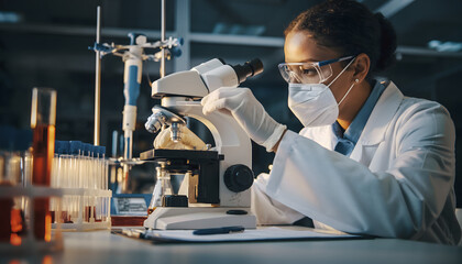 A person with gloved hands carefully placing a sample onto a microscope stage