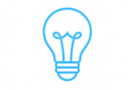 Blue neon light bulb icon glowing, representing idea, innovation, solution, creativity, and energy on transparent background