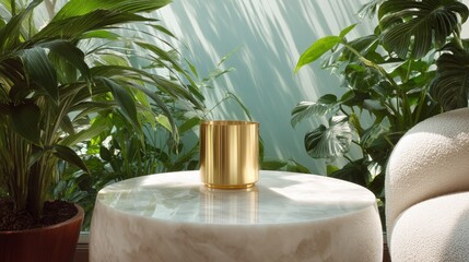 Round white marble coffee table with a gold vase on top. the table is placed in front of a window with green plants in the background.