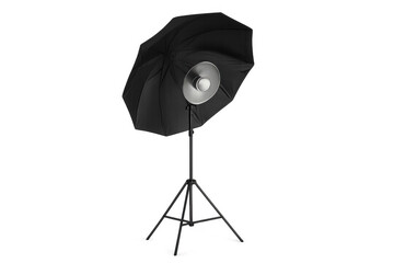Studio strobe light with black umbrella reflector on a stand, professional photography lighting equipment isolated
