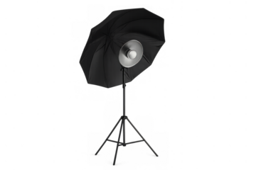 Studio strobe light with black umbrella reflector on a stand, professional photography lighting equipment isolated