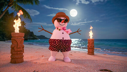 AI-generated image of Snowman hula dancing, and escaping the winter cold with tiki torches in the background
