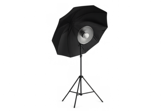 Studio strobe light with black umbrella reflector on a stand, professional photography lighting equipment isolated - Powered by Adobe